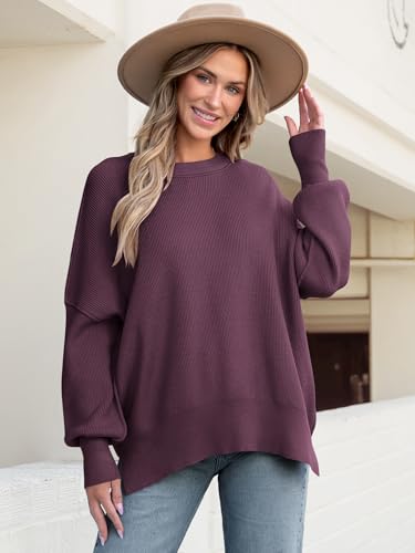 Image of ANRABESS Women Oversized Sweaters Batwing Long Sleeve 2026 Fall Outfits Crewneck Casual Knit Side Slit Fashion Pullover Top