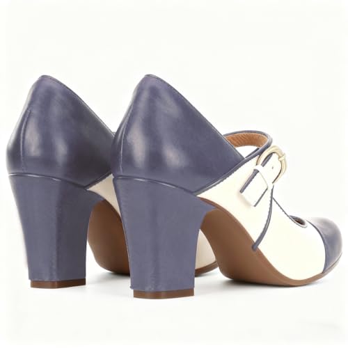Image of SHODENSE Women Vintage Chunky High Heel Mary Jane Shoes Round Closed Toe Ankle Strap Dress Sandals 3 inch Block Heels Mary Jane Lolita Pumps Two-Toned Patchwork Buckle Office Lady Wedding Retro 4-11 M US