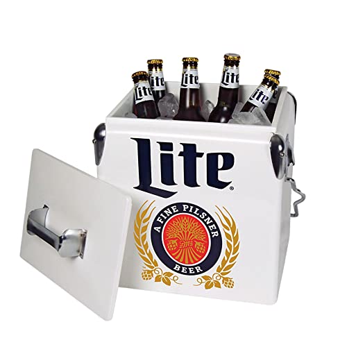 Miller Lite Retro Ice Chest Cooler With Bottle Opener 13 L /14 Quart, Red And Silver, Vintage Style Ice Bucket For Camping, Beach, Picnic, Rv, Bbqs, Tailgating, Fishing #TOP1
