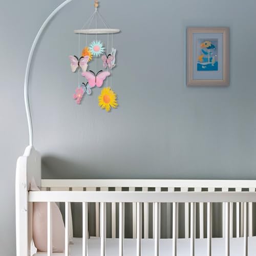 Image of Haus and Kinder Butterfly Garden Crib Mobile - Set of 1 | Baby Nursery Mobile with Butterflies & Flowers | Soft Cotton & Wooden Ring, Pastel Colors, Soothing Motion | Non-Toxic Height 64cm