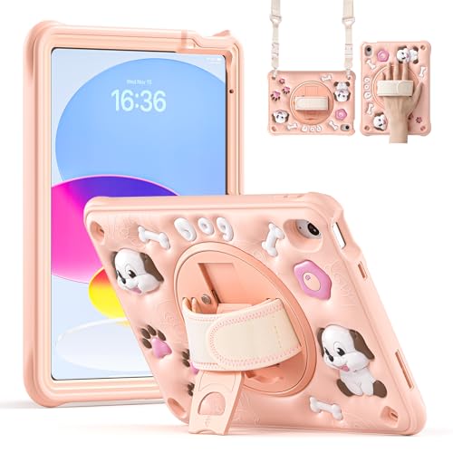 Étui iPad 11ème génération A16 antichoc rose robuste avec dragonne et support de table