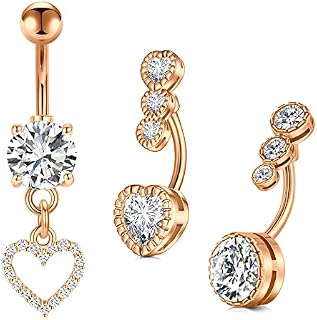 MODRSA 14 Gauge Belly Button Rings Stainless Steel Heart Dangle Triple Diamond CZ Belly Button Bar 10MM Navel Piercing for Women Belly Piercing