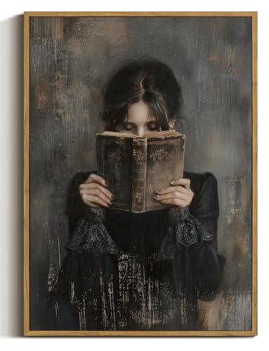 WALLZK Vintage Framed Wall Art Lady Reading Canvas Prints Dark