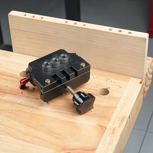 Image of Serplex Self-Centering Dowel Jig Kit, 3-Hole Precision Woodworking Drill Locator with Adjustable Aluminum Alloy Clamp, Drill Guide with Bushings, Brad Point Drill Bits and Depth Stop Collars