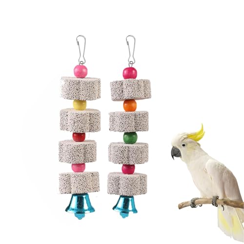OYUUJII Jouets à Mâcher pour Oiseaux,2 Pièces Pierre Calcium avec Clochette Oiseaux à Mâcher Jouets Minéral Jouet pour Perroquets pour...