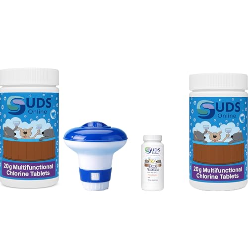 SUDS-ONLINE Small Dispenser with 100 Multifunctional Chlorine Tablets 20g + Test Strips