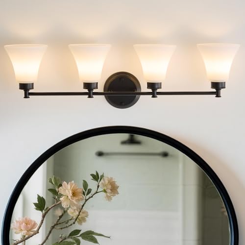 Image of LOUSACE 4 Light Bathroom Vanity Light Matte Black Bathroom Lighting Fixtures Over Mirror with Opal White Frosted Glass Shade, Vintage Traditional Wall Lighting Fixture Vanity Lights for Bedroom
