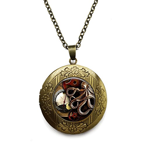 Vintage Bronze Tone Locket Picture Pendant Necklace Octopus Clock Steampunk Included Free Brass Chain Gifts Personalized