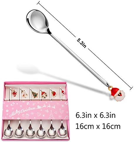 Whaline 6 Pack Christmas Spoon Stainless Steel Stirring Spoon with Pedant Coffee Spoon Tea Spoon Dessert Spoon Mixing Spoon Soup Spoon Xmas Spoon Package for Party Table Decorations