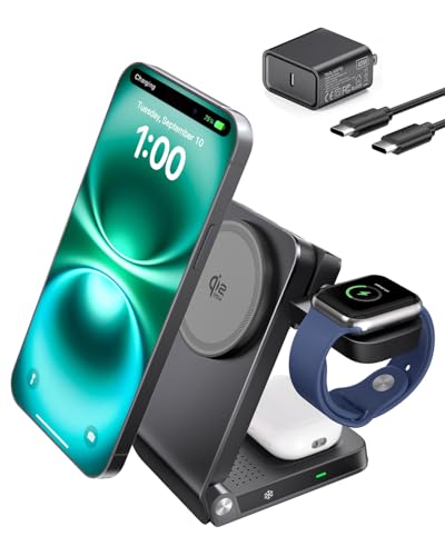 Doge&Vollar 3 in 1 Qi2.2 25W MagSafe Wireless Charging Station, Foldable Charger Stand for iPhone 17 16 Pro Max, Apple Watch & AirPods, Fast Low-Heat Desk Travel Charger with 45W Adapter, Aluminum