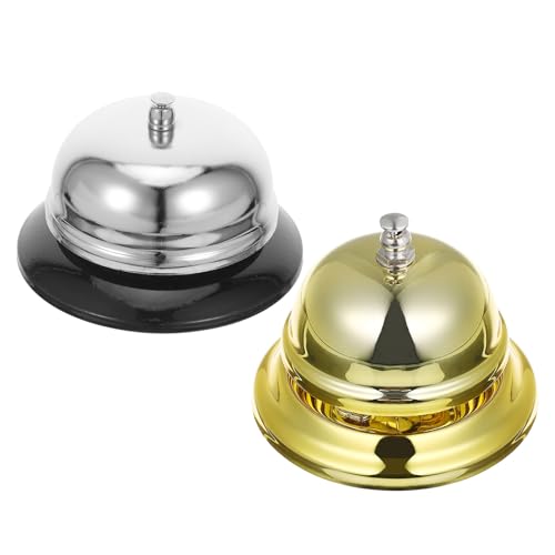 SOPOTUTU 2 Pièces Sonnette de Table Métallique Dorée et Argentée Cloche de Service Manuelle Anticorrosion pour Réception Bureau Restaurant École Signal Appel Polyvalent