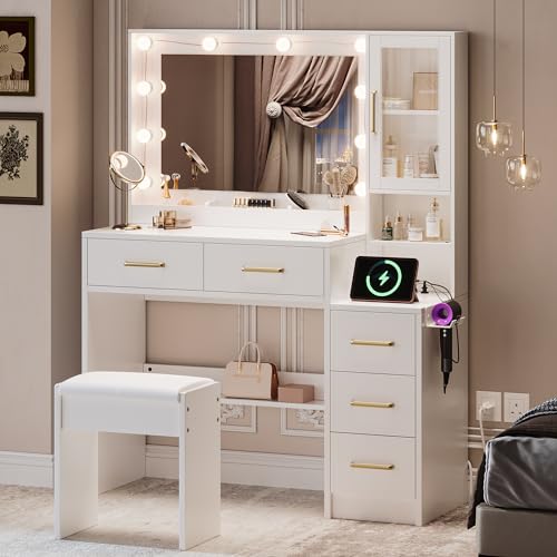 35.4' Makeup Vanity Desk with Charging Station, White Makeup Dressing Table with Mirror & Lights, 3...