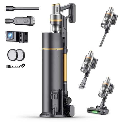 Circlio - Akku Staubsauger mit station, 650W/65000Pa/75Min, Laufzeit Staubsauger Kabellos mit LED Display und Ladestation, Selbststehender Akkusauger mit Antitanglebürste für Teppich, Hartboden und Tierhaare