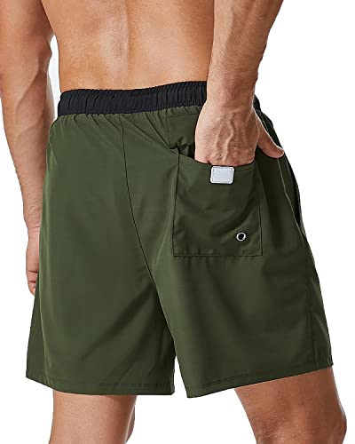 Silkworld Mens Swim Trunks With Compression Liner 2 In 1 Quick Dry Swimwear Beach Shorts With Zipper Pockets,Army Green,X-Large #TOP1