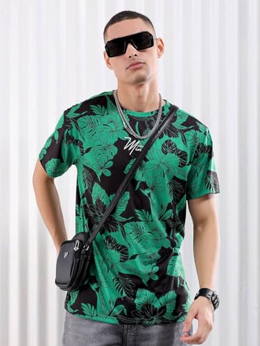 Image of The Indian Garage Co Men Polyester Slim Fit Tropical Print Round Neck Tshirt