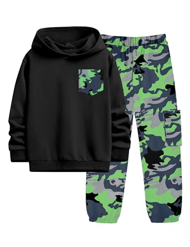 KANGKANG Boys Clothes Size 10-12 Youth, Teen Clothes Two Piece Hooded Sweatshirt Top and Camouflage Sweatpants with Side Big Cargo Pocket Fall Outfits Winter Outfits Set