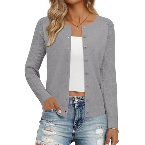 Ivicoer Women's Cardigan Sweater Button Up Cardigan Textured Sleeves Crew Neck Sweater Trendy Outfits 2026