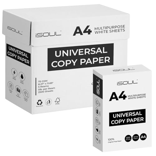 iSOUL Papel para impresora, papel de copia A4, papel de impresora, papel para copiadoras de impresora, compatible con láser, inyección de tinta, papel de fax, perfecto para uso doméstico y oficina