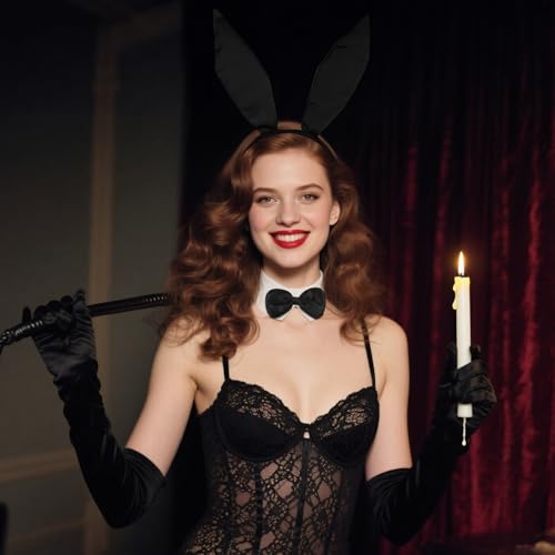 XEPST バニーコスチュームセット ブラックバニーの耳としっぽ、蝶ネクタイ、袖口、網タイツ、女性用手袋、ハロウィンコスチュームアクセサリーコスプレイースターパーティー - 画像3