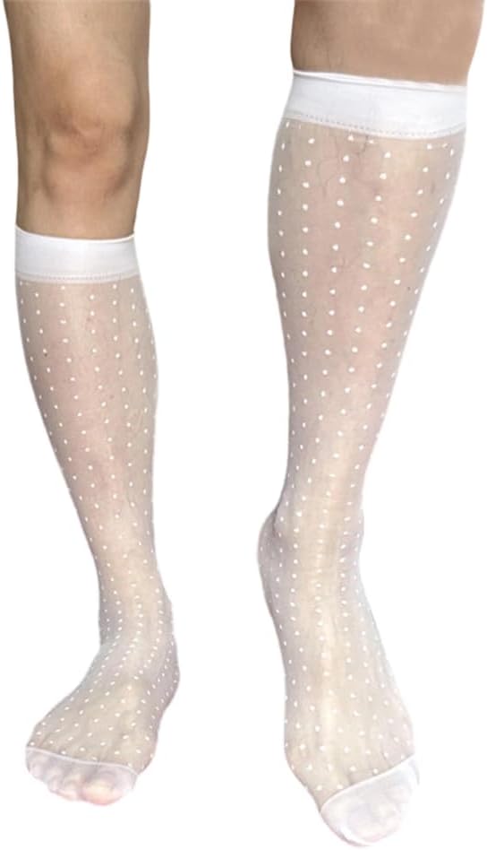 Super Thin Transparent Men's Sheer Socks Dot Patterned Long Tube Stockings for Formal Event with Breathable Nylon