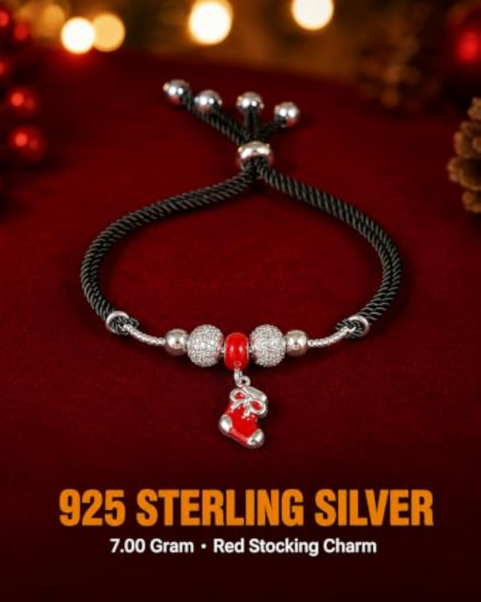 925 Sterling Silver Red Stocking Charm Bracelet with CZ Beads