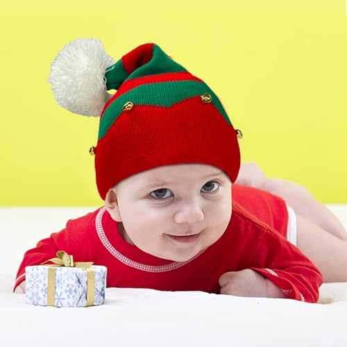 Christmas Elf Knit Hat for Toddler, Beanie Knitted Xmas Hats with Jingle Bells for Kids 1 to 6 Years Old Children4