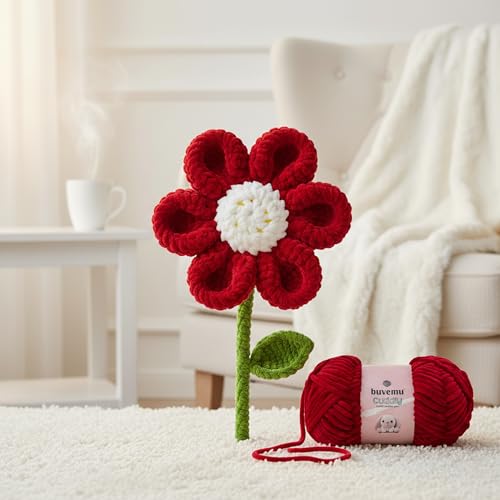 Image of Cuddly Velvet Chenille Yarn, Super Soft Fluffy Bulky for Knitting Crocheting Crafting Blanket Amigurumi, Durable for Shedding, 100 Gram (3.53 Ounces) 109 Yards (100 Meters) (Crimson Red)