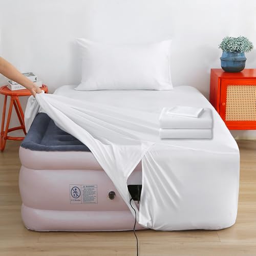 Air Mattress Sheet Set Twin Size 3 Piece Deep Pocket Bed Sheet Set for 16-24 Inch Air Bed Easy Inflate Access Perfect for Guest Room RV Camping White