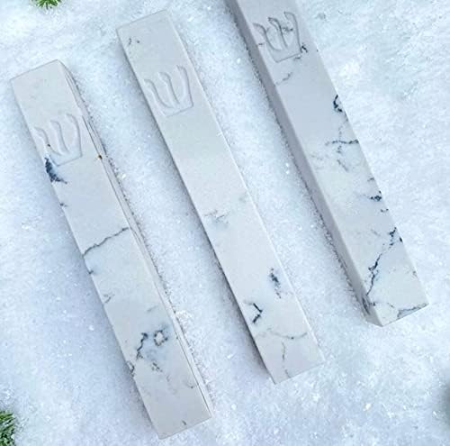A&S Mezuzot Quartz Mezuzah Case with Engraved Shin Design Easy Peel and Stick Judaica Door Mezuza (White/Grey Veins Quarts, 8 Inches)