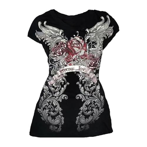 Camisetas de manga corta para mujer, estilo gótico, punk, gótico, para adolescentes, ropa de calle, verano, estilo vintage de los años 2000, negro/rojo, S