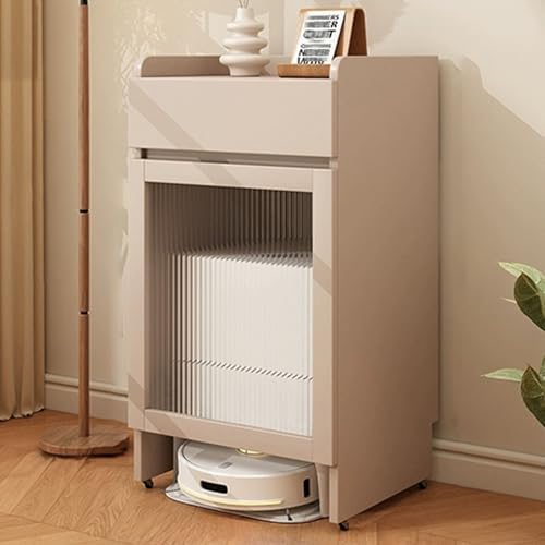 Robot Vacuum Stand with Storage Rack, Mobile Sweeping Robot Cabinet, Hidden Side Table with Glass Door for Home Office, Modern White Organizer for Smart Cleaners