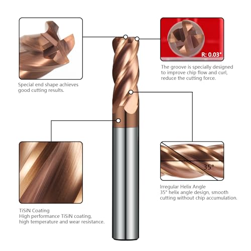 Image of Carbide Corner Radius End Mill 4Flute Mill Bits Sets with TISIN Coated, 0.03 inch Corner Radius, 5 /16 inch Cutting Diameter, 13 /16 inch Length of Cut, 2-1 /2 inch Overall Length