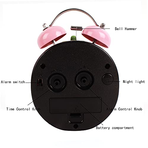 MEGAUK Twin Bell Strawberry Desk Clock Silent Travel Alarm Clock Analogue Display with Nightlight (06513 Pink) - Image 4