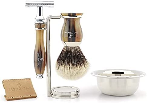 Zestaw do golenia dla mężczyzn z Double Edge Razor Silver Tip Hair stojak na pędzle do golenia i miseczka do golenia – elegancki zestaw pędzli do golenia Jag Shaving