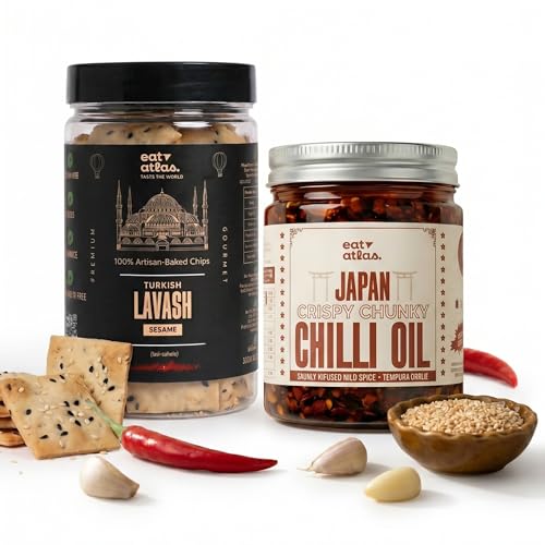 Image of Eat Atlas Japan Crispy Chunky Chilli Oil with Turkish Lavash Sesame Chips Combo, Slow Infused Chilli Garlic, No Preservatives, 200g + 100g