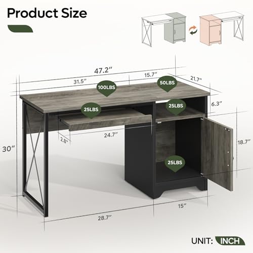 Image of Bestier 47-Inch Office Desk with Storage Cabinet & Keyboard Tray, Grey | 47 Inch Desktop, Right Storage Cabinet, Sliding Keyboard Tray And X-Frame Support Create A Small-Space Home Office Desk.