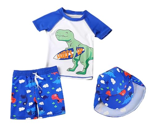 Little Boy Two Pieces Rash Guard Swimsuit Set Kids Cute Cartoon Dinosaur Short Sleeve Bathing Suit with Sun Cap(4-5T,WhiteRoyalBlue-Shortsleeve)