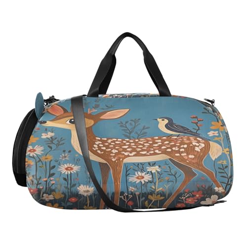 Brown Fawn Bird Flowers Kids Travel Duffel Bag for Boys Girls Overnight Weekend Tote Bag with Shoes Compartment for Sleepover Trip Beach2