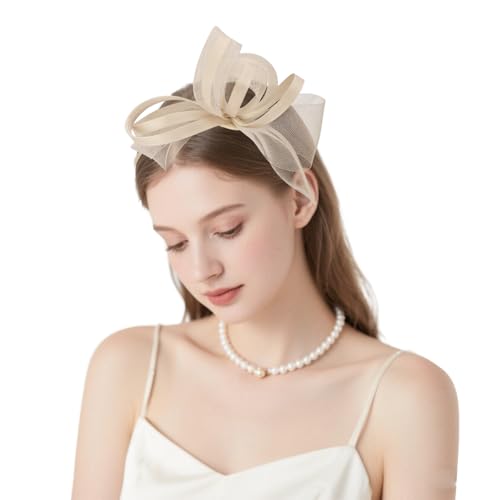 AMCAMI Fascinators Hats with Feather for Women 2025 Derby Hats Small Tea Party Hat with Headband(Champagne) - Thumbnail 5