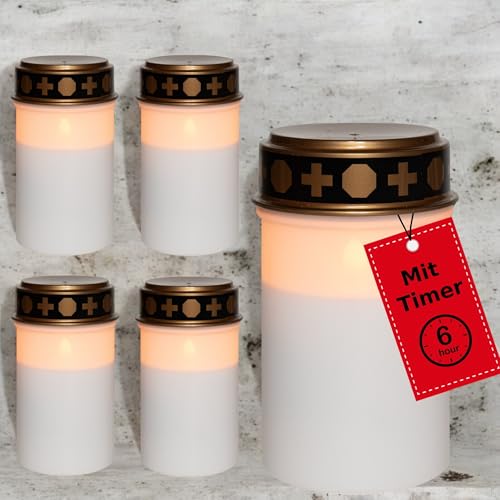 Novaliv Luz LED para tumba sin batería y temporizador, 6/18, 5 unidades, color blanco, quemador permanente, velas LED para exteriores sin batería, vela conmemorativa para cementerio, luz eterna LED