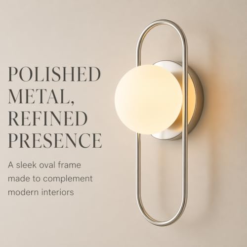 Image of Modern Wall Sconce Polished Nickel Globe Wall Light for Bedroom Hallway | Modern Minimalist Design Soft Frosted Globe Shade Polished Nickel Finish Warm & Comfortable Lighting Ideal for Bedroom