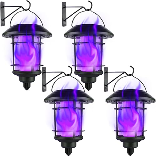 Dynaming Solar Purple Flame Wall Lanterns, Outdoor Halloween Hanging Lights, Flickering Flame LED Auto On/Off Wall Mounted Sconce Lights with Hooks, Waterproof for Garage Stair Patio Porch, 4 Pack