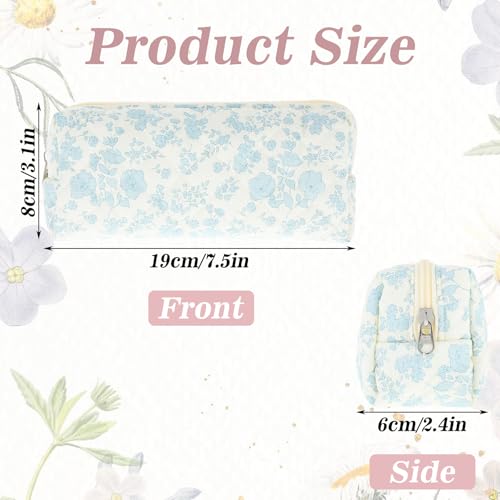 Image of Cute Pencil Case, Aesthetic Flowers Pencil Pouch, Portable Pen Bag Wide Opening, Soft Quilted Pencil Pouch Organizer with Zipper for Office College Storage Makeup Pouch, Blue Flowers