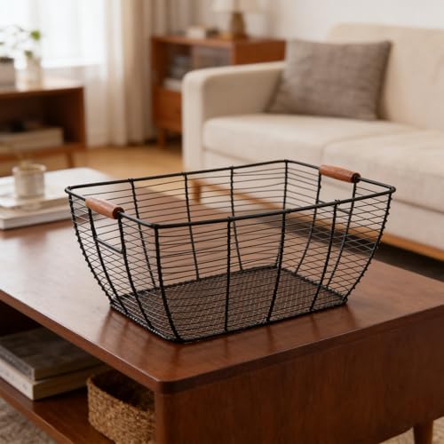 Cesta de almacenamiento de hierro negra con asa de madera y malla abierta para cocina 7