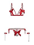 SOLY HUX Women's 3 Piece Set Sexy Bow Front Cut-Out Lingerie Set with 1 Pair Hand Ring Solid Red S