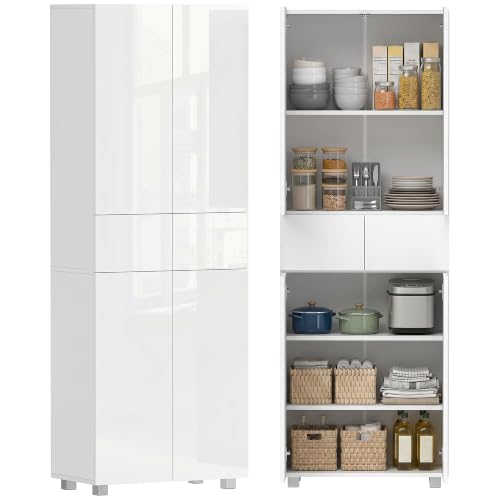 HOMCOM Armoire Cuisine Buffet de Cuisine Haut Meuble de Rangement avec 4 Portes Ouvertes par poussée, 2 tiroirs et des étagères réglables Style Moderne 60...
