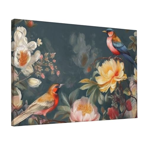 Toile murale vintage fleurs et oiseaux JHLMN 30x45 cm pour décoration intérieure