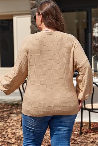 Plus Size Women's Light French Beige Textured Knit Solid Checkered Sweater4