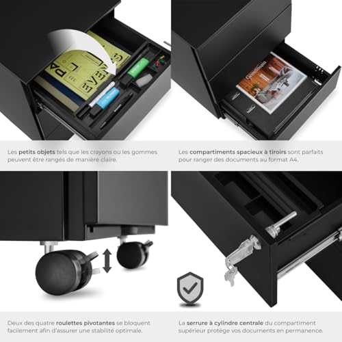 Caisson bureau métal verrouillable 2 tiroirs noir TecTake