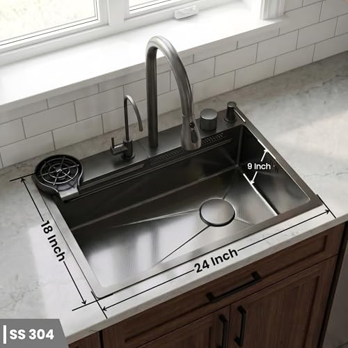 Image of Gloxy Premium Stainless Steel 304 Kitchen Sink With Pull Down Faucet 24x18X9 Inches- Smart Waterfall Sink with Anti-Scratch Honeycomb Design - Black Matte Finish Multifunctional Sink With Cup Washer